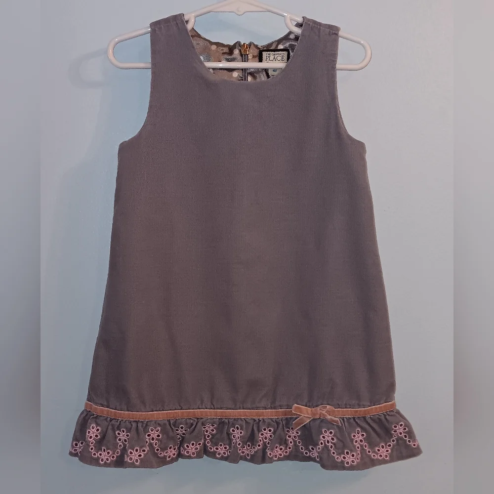 The Childrens Place Gray Dress Ruffled Embrodiered Hem Polka Dot Lining